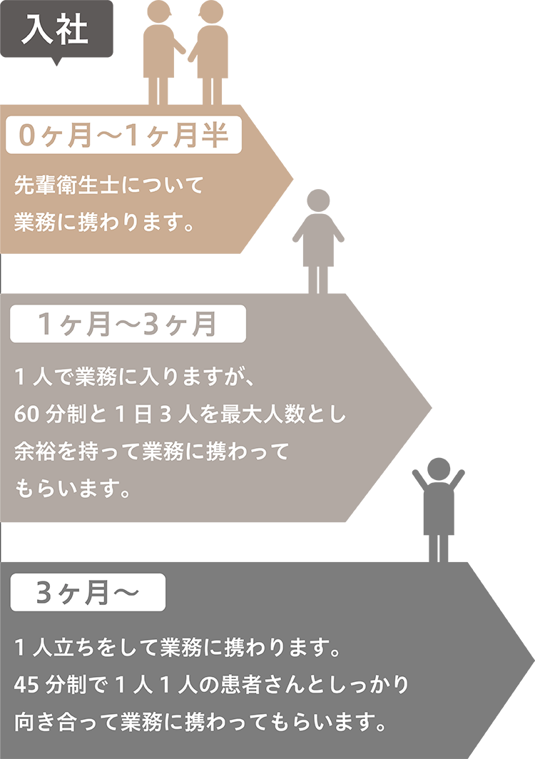 勤務開始から　入社　0ヶ月〜1ヶ月半 先輩歯科衛生士について業務に携わります。1ヶ月〜3ヶ月1人で業務に入りますが、60分制と1日3人を最大人数とし余裕を持って業務に携わってもらいます。3ヶ月〜1人立ちをして業務に携わります。45分制で1人1人の患者さんとしっかり向き合って業務に携わってもらいます。